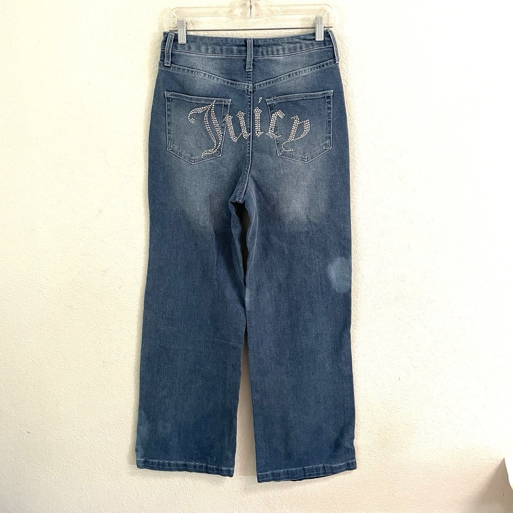 Juicy Couture Lunita Jeans 7/28 Rhinestone Wide Leg Y2K McBling *Bleached Denim